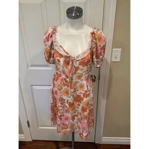Eilly Bazar White Pink Orange Floral Crepe Puff Sleeve Mini Dress, Size XS, NWT!